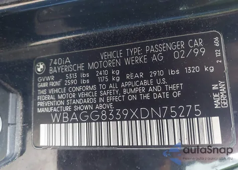 1999 BMW 740Ia из США, поврежденный, VIN WBAGG8339XDN75275